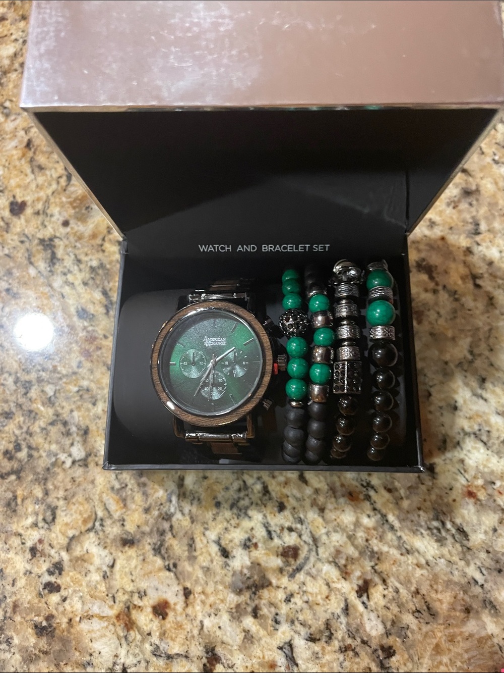 American Exchange Green Dial Watch and Beaded Bracelet Set